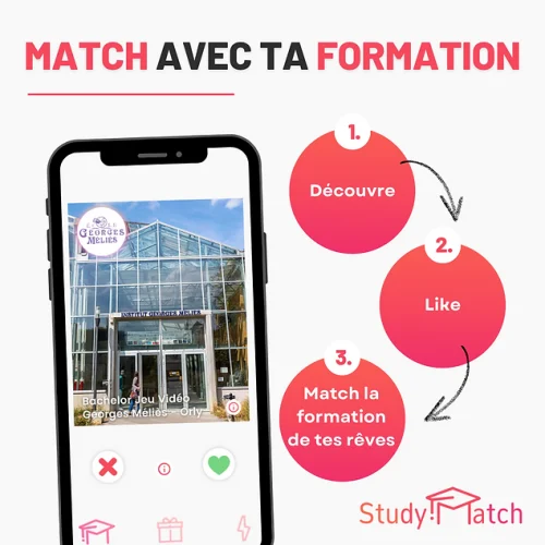 Publication faisant la promotion de l'application StudyMatch. Couleurs rose orangé.