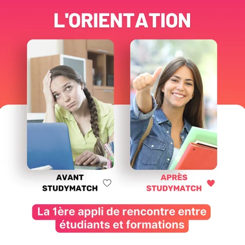 Publication faisant la promotion de l'application StudyMatch. Couleurs rose orangé.