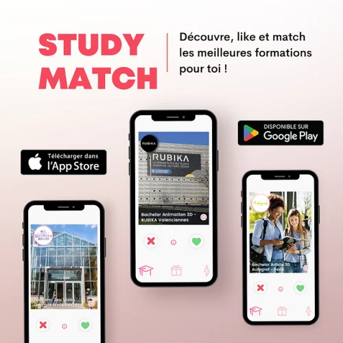 Publication faisant la promotion de l'application StudyMatch. Couleurs rose orangé.