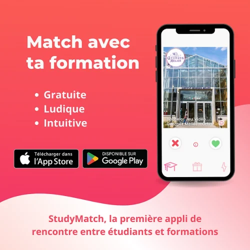 Publication faisant la promotion de l'application StudyMatch. Couleurs rose orangé.